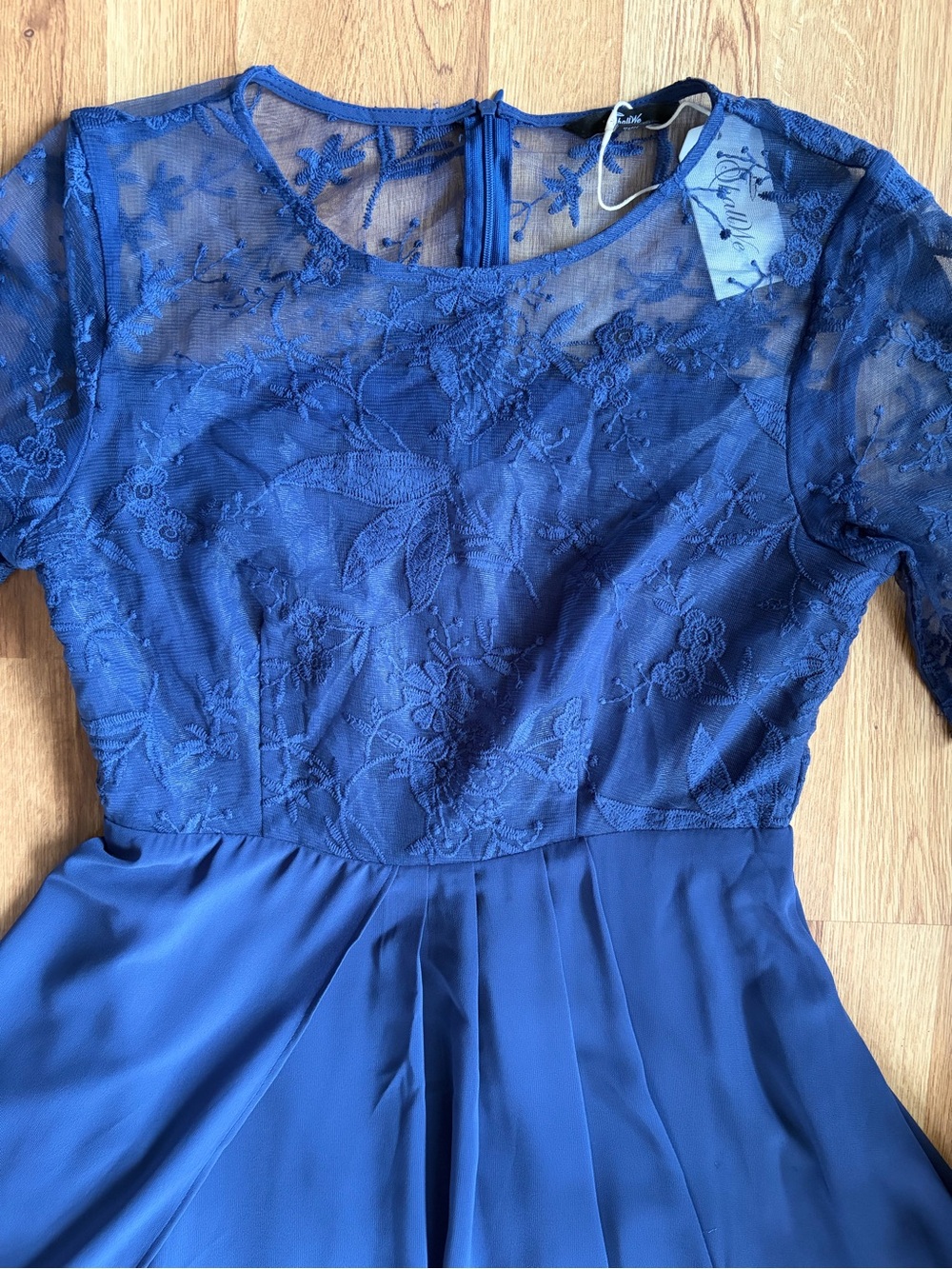 Indigo Midi Dress with Sheer Lace Floral Bodice